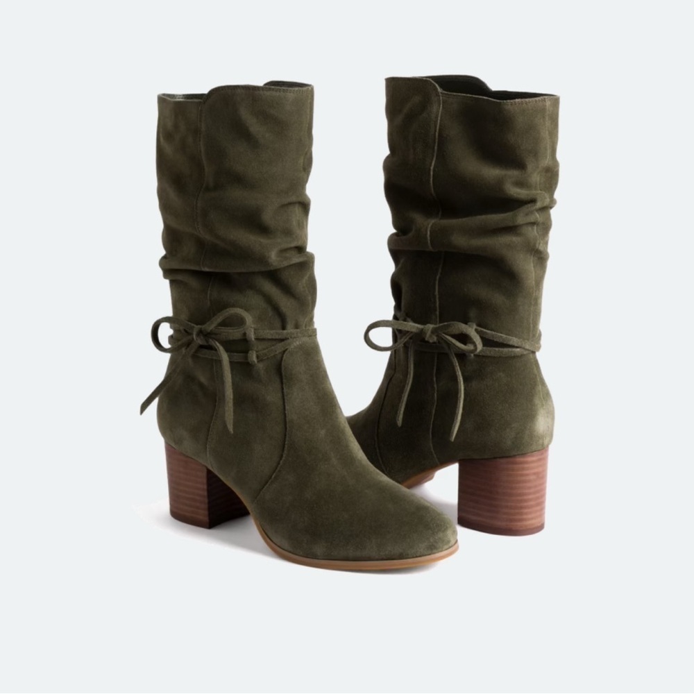 Violet & Red Green Suede Heeled Tall Boots with Box Detail and Mid-Calf Design